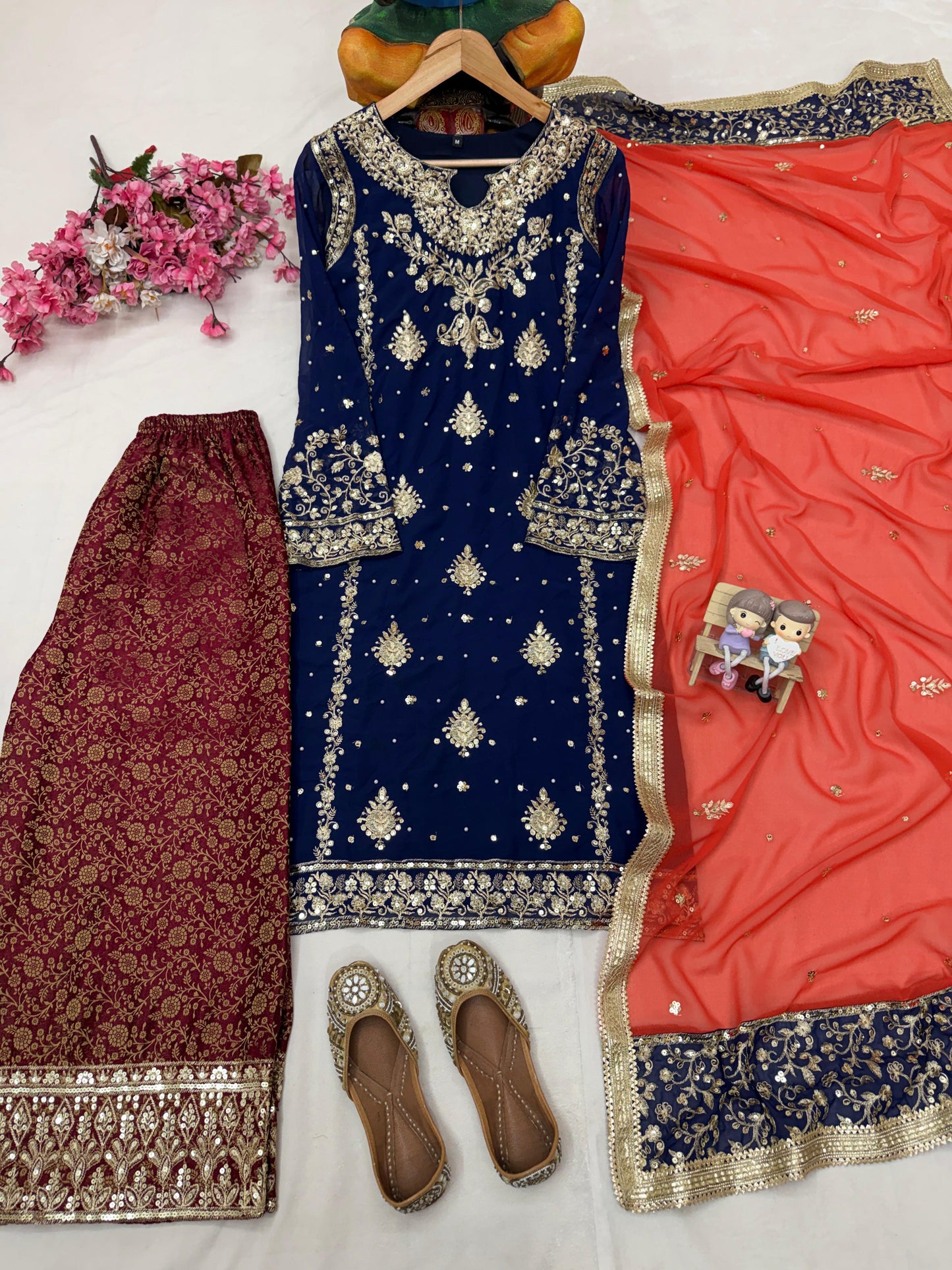 Blue Faux Georgette Pakistani Suit With Ornage Dupatta