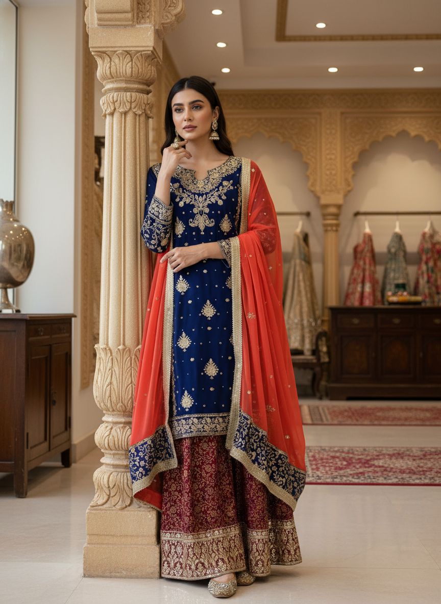 Blue Faux Georgette Pakistani Suit With Ornage Dupatta