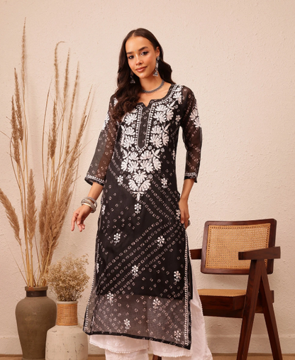 Black Lucknowi Chikankari Embroidered Kurti