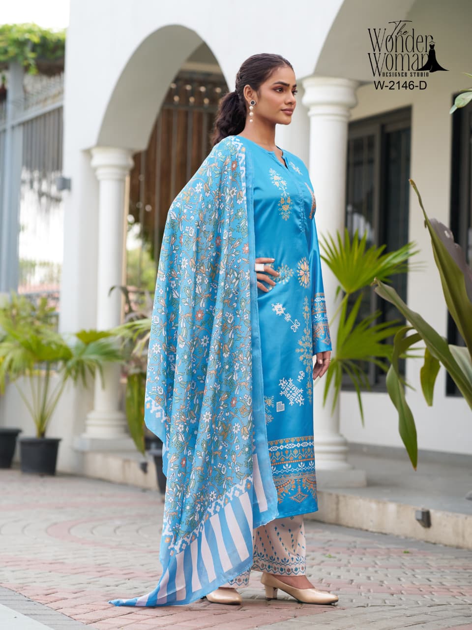Sky Blue Satin Suit With Chinnon Duppata