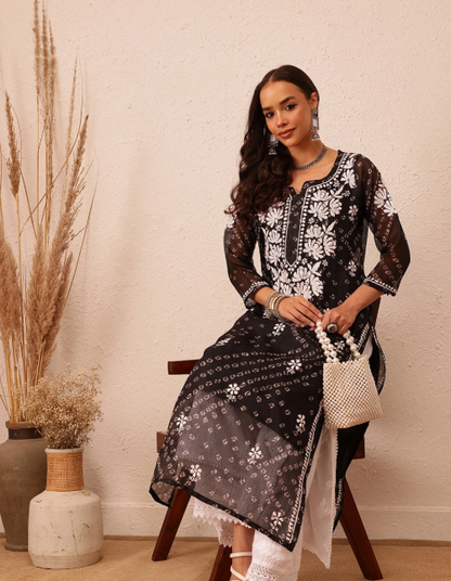 Black Lucknowi Chikankari Embroidered Kurti