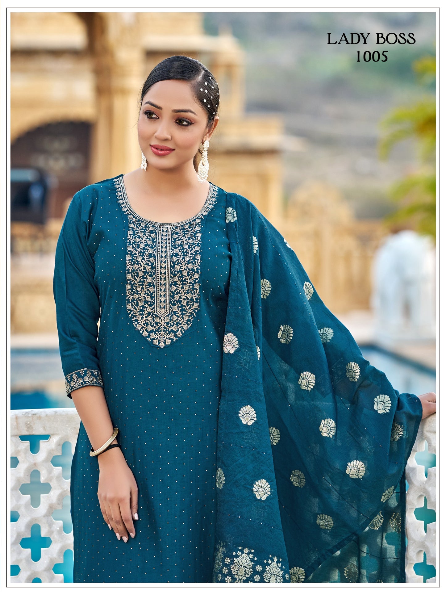 Vertican Silk Teal Blue Kurti Set With Jarkan Work