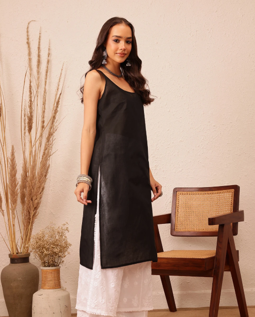 Black Lucknowi Chikankari Embroidered Kurti