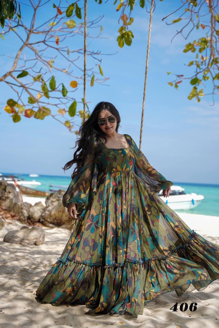 Dark Green Full Sleeve Fancy Neck Gown