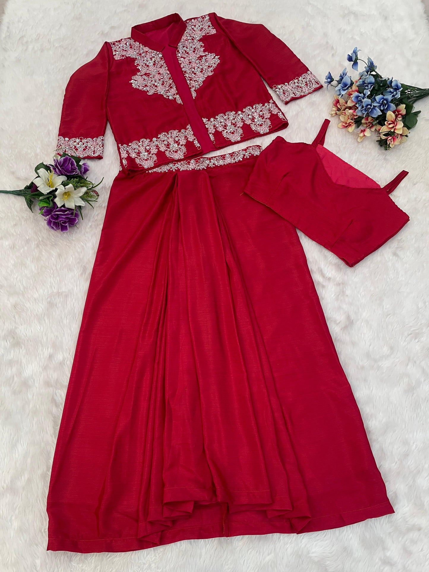 Red Premium Chinnon Silk Indo Western