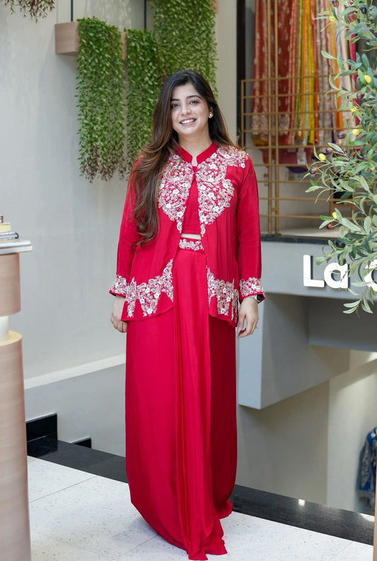 Red Premium Chinnon Silk Indo Western