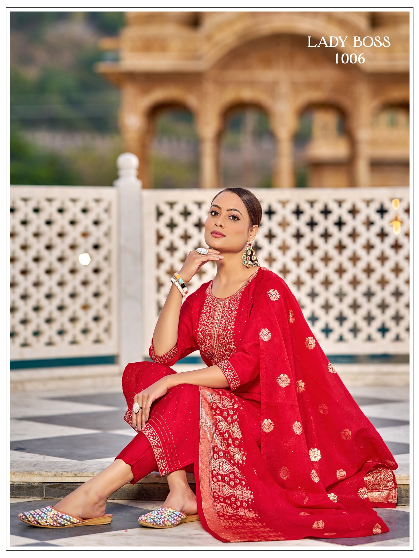Vertican Silk Red Kurti Pant Set