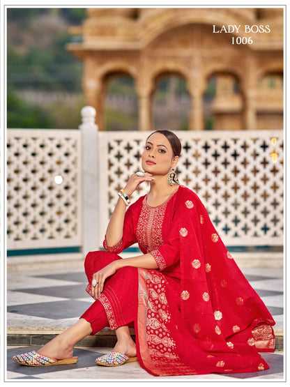 Vertican Silk Red Kurti Pant Set