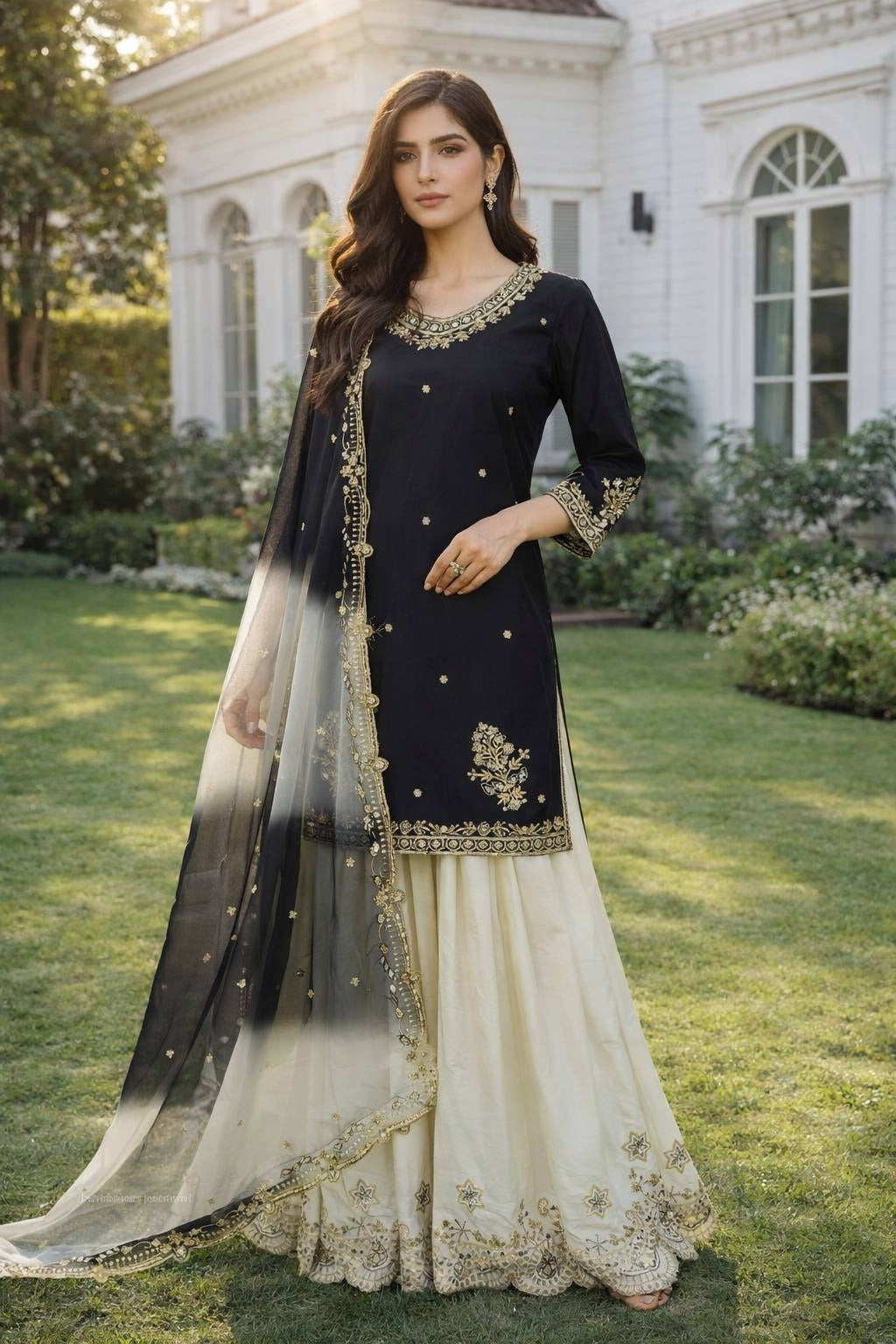 Natural French Crepe Black Suit With Organza Dupatta