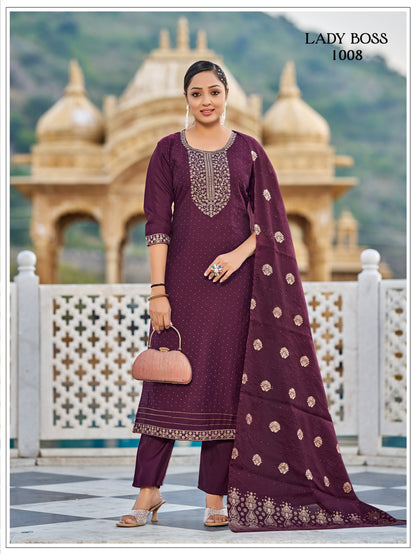 Vertican Silk Wine Kurti Set With Embroidery Work