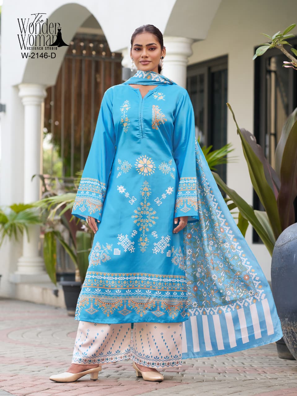 Sky Blue Satin Suit With Chinnon Duppata
