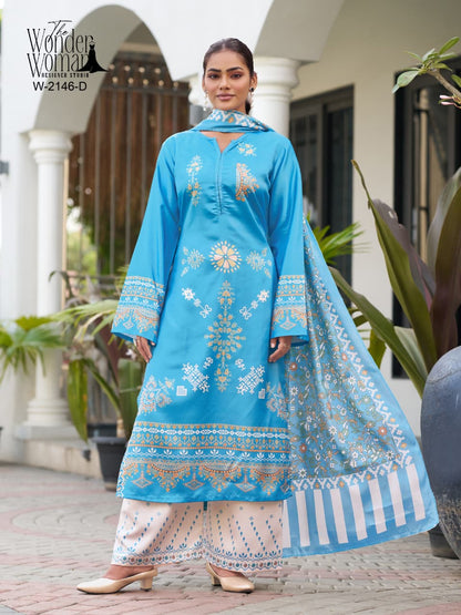 Sky Blue Satin Suit With Chinnon Duppata