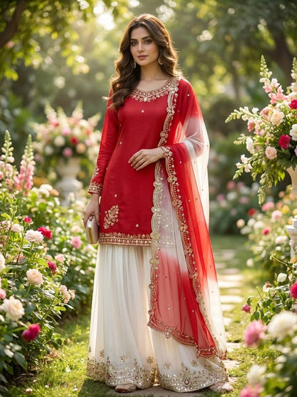 Red Natural French Crepe Sharara Suit