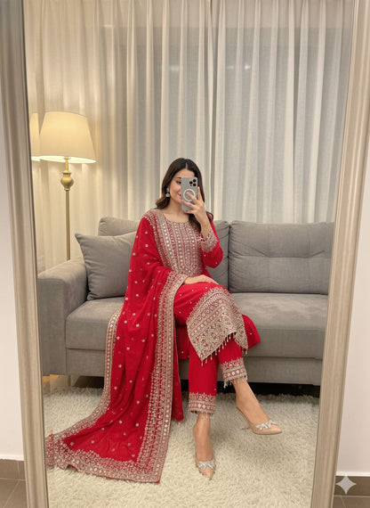 Eid Special Red Suit Set With  Embroidery Work