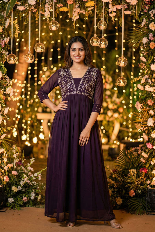 Beautiful Wine Embroidery Gown With