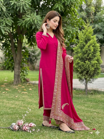 Rani Pink Heavy Plain Suit with Embroidery Detailing in Roman Silk fabric