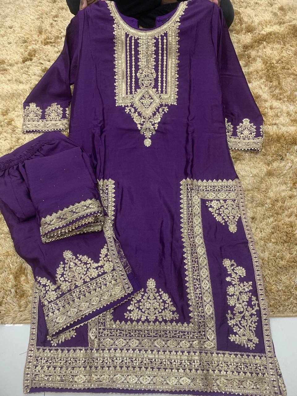 Chinon Silk  Embroidered Purple Pakistani Suit Set