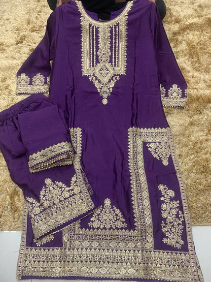 Chinon Silk  Embroidered Purple Pakistani Suit Set