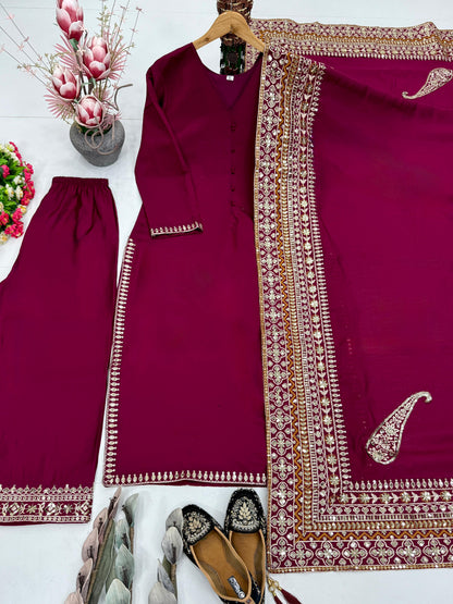 Marron embroidered suit set with heavy Roman silk and detailed dupatta