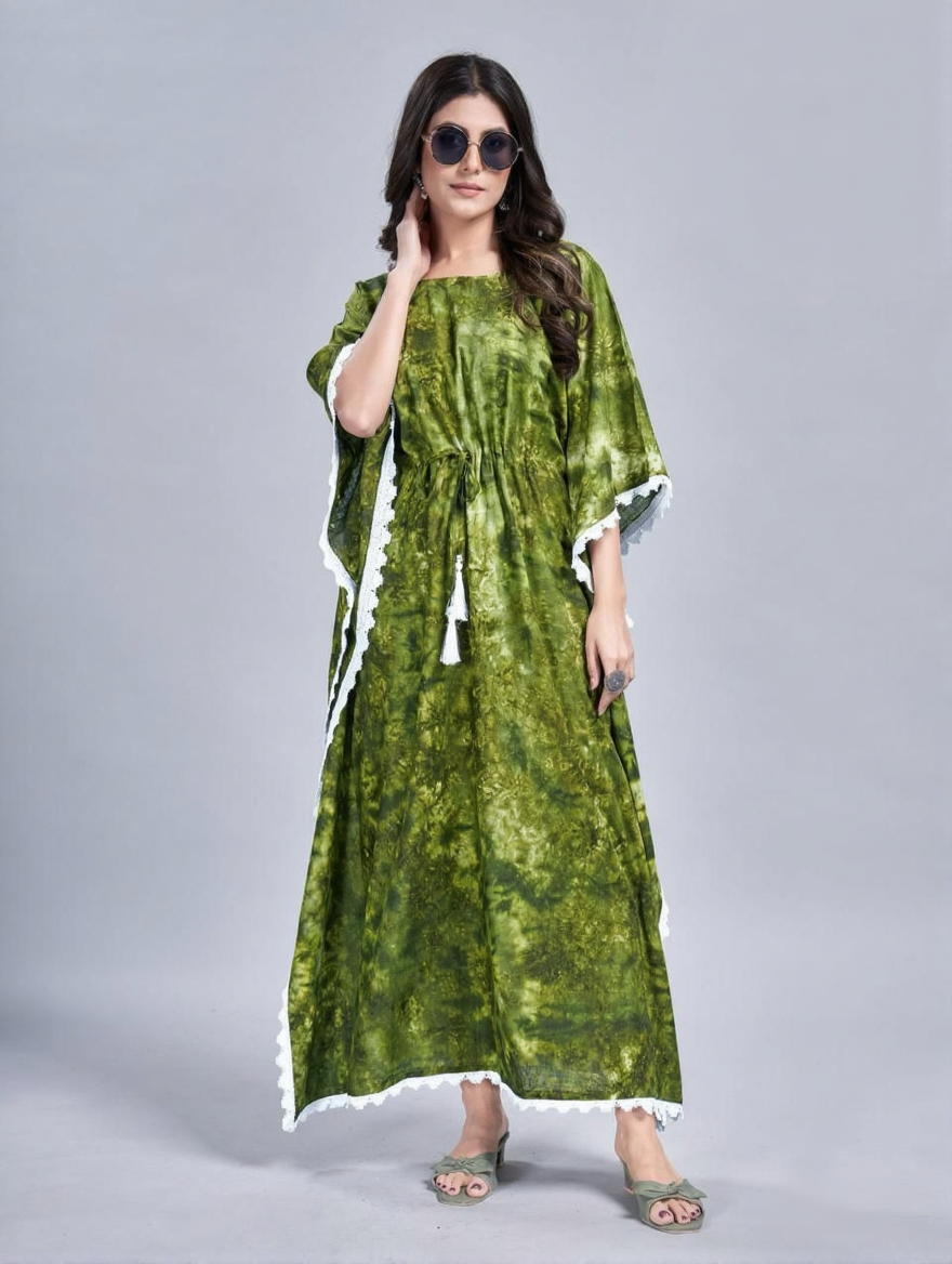 Green Party Wear Straight Long Kaftan Dress