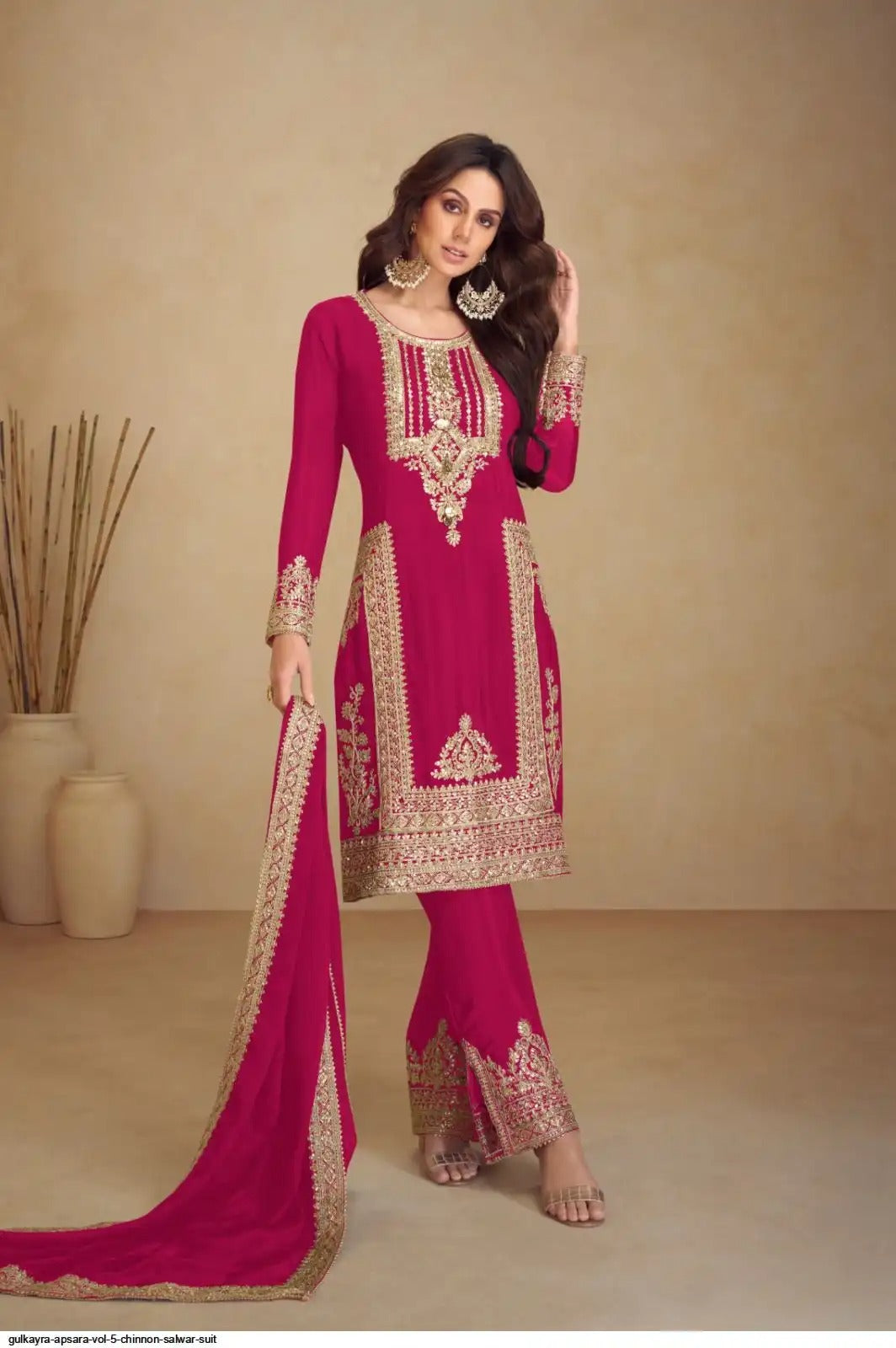 Rani Pink Chinon Silk Eid Special Suit Set