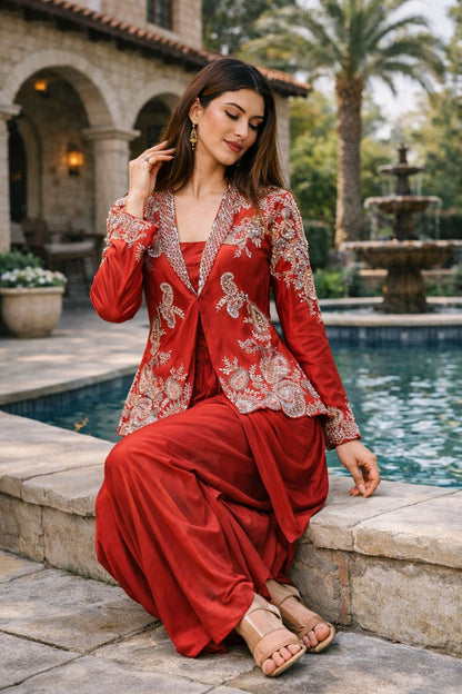 Orange Rangoli Silk Indo Western With Embroidery Work