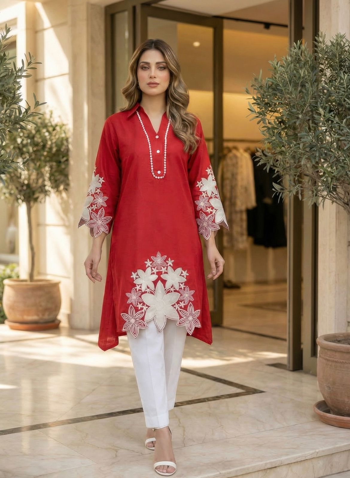 Embroidered Cutwork A-line Kurti Pant Set