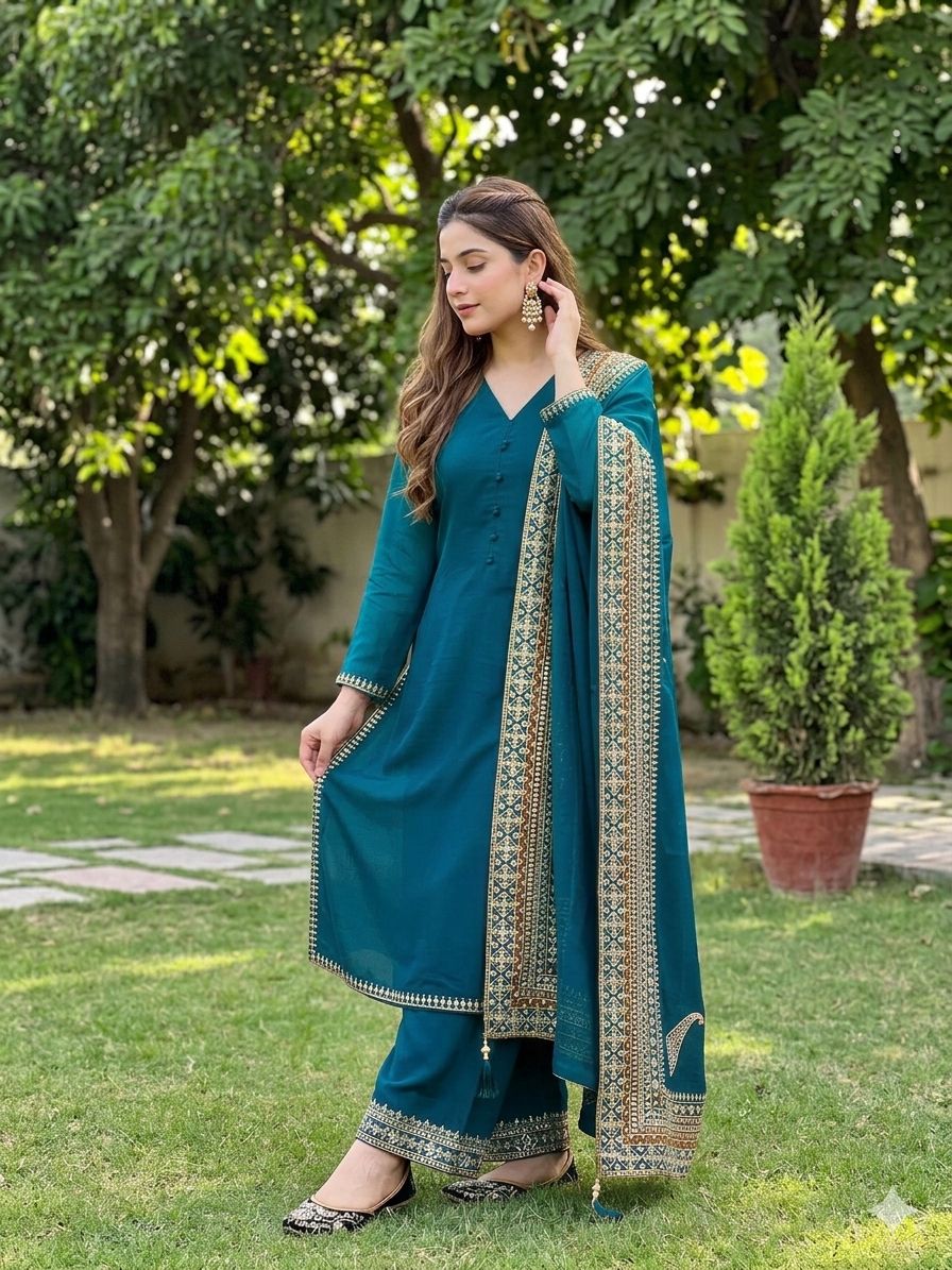 Heavy Roman Silk suit set with intricate embroidery sequences and fancy latkan dupatta