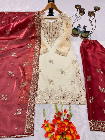 White And Red Combination Pakistani Suit