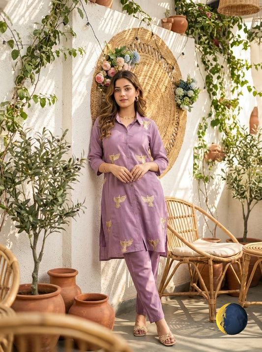Summer Wear Lavender Roman Silk Kurti And Palazzo