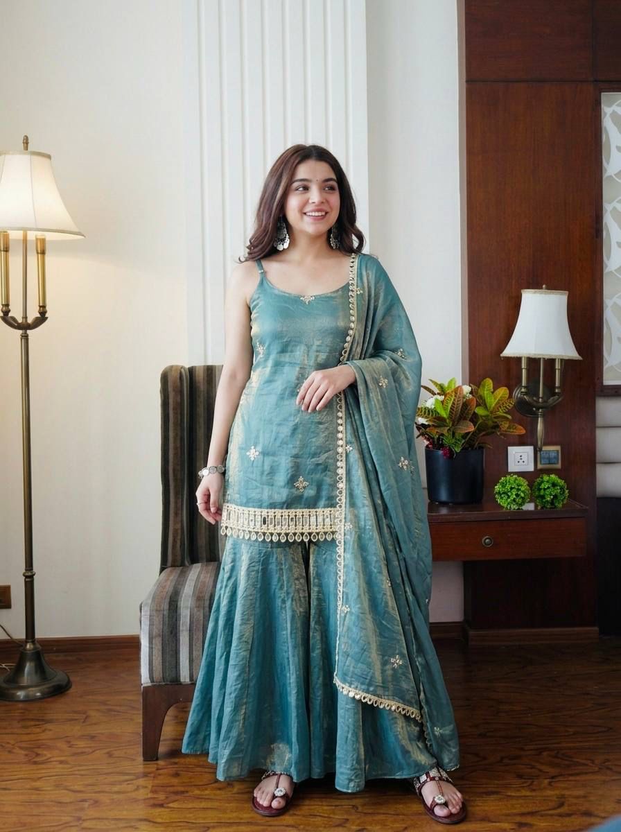 Sea Green Fandy Silk Real Mirror & Sequence Embroidered Sharara Palazzo Suit Set