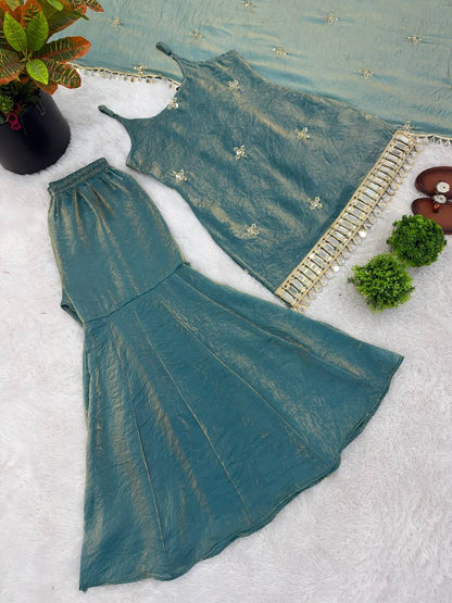 Sea Green Fandy Silk Real Mirror & Sequence Embroidered Sharara Palazzo Suit Set