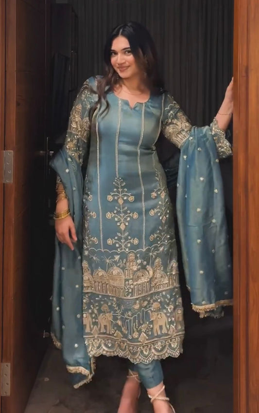 Teal Blue Designer Organza Suits