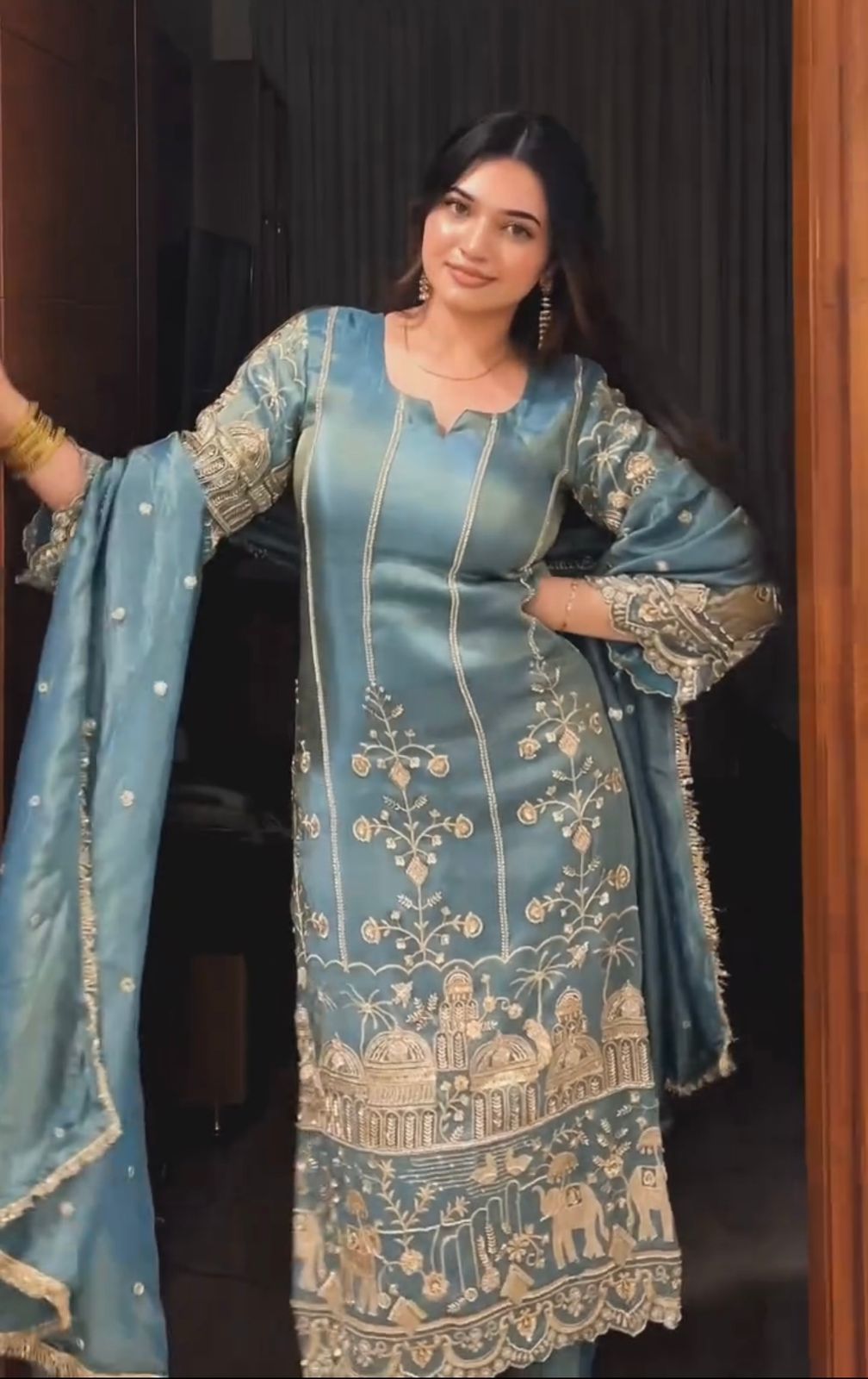 Teal Blue Designer Organza Suits
