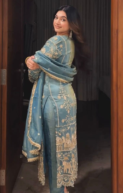 Teal Blue Designer Organza Suits