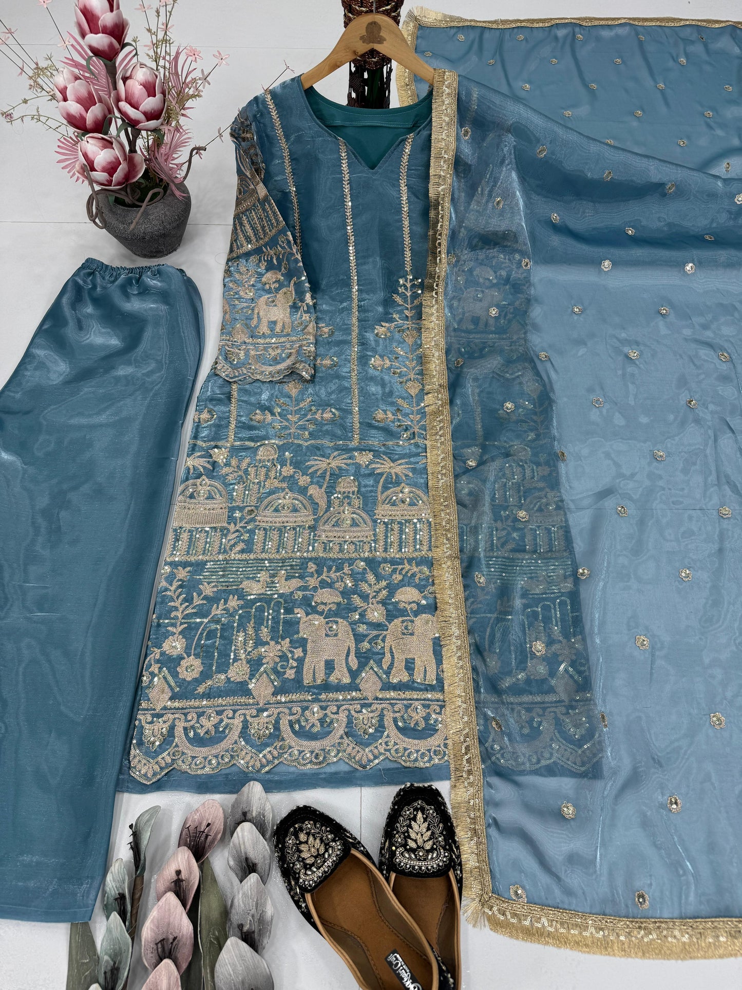 Teal Blue Designer Organza Suits