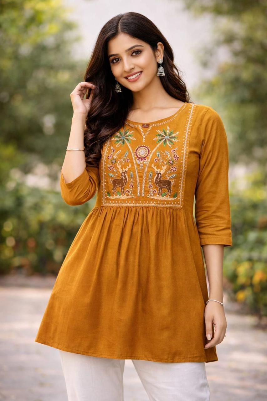 Everyday wear rayon short kurti with heavy embroidery, available in multiple bust sizes and 32-inch length