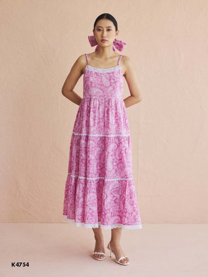 Pink three layer flared cotton midi dress with embroidery work