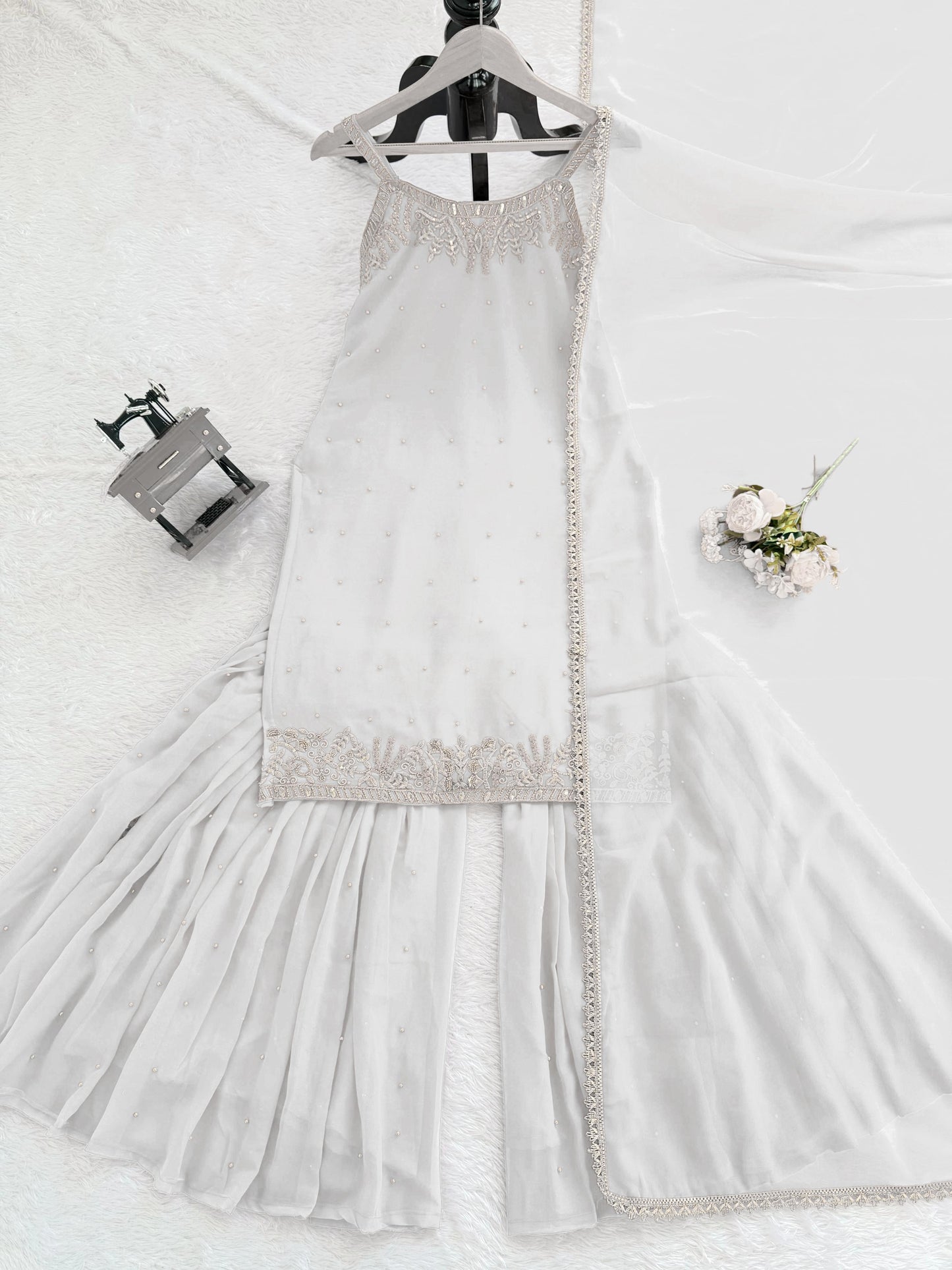 White Elegance in Every Stitch Sharara