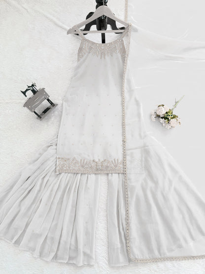 White Elegance in Every Stitch Sharara