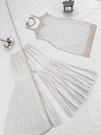 White Elegance in Every Stitch Sharara