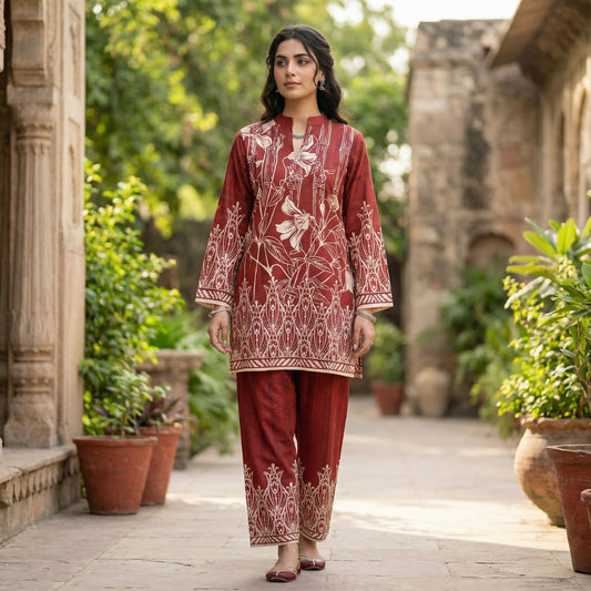 Rust Orange Linen Cotton Co-ord Set with top and pants in linen cotton fabric