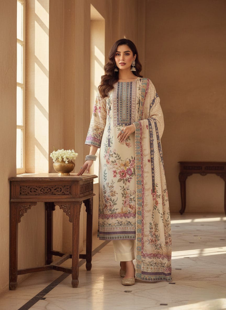 Beautiful off white lilac silk kurti pant set with dupatta and pearl bracelet for women in sizes M to XXL