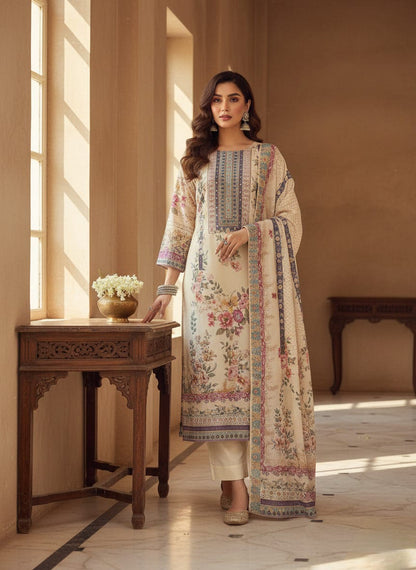 Beautiful off white lilac silk kurti pant set with dupatta and pearl bracelet for women in sizes M to XXL