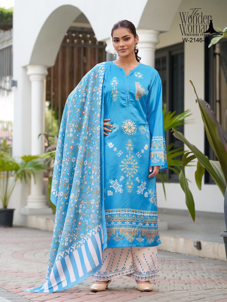 Sky Blue Satin Suit With Chinnon Duppata
