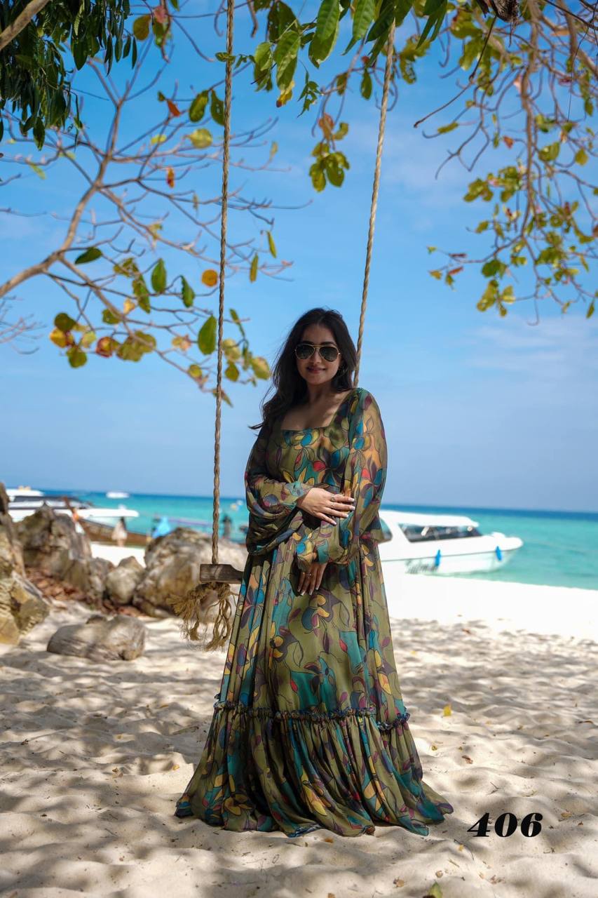 Dark Green Full Sleeve Fancy Neck Gown