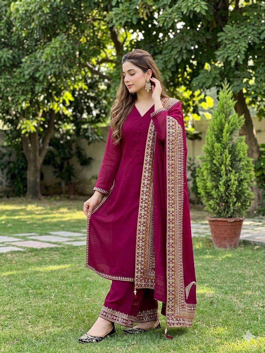 Marron embroidered suit set with heavy Roman silk fabric and embroidered dupatta