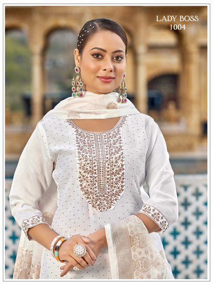 White Kurti Dupatta Set With  Chiku Embroidery Sequence Work