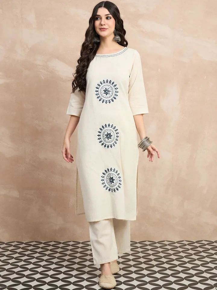 Ivory kurta pant set with blue embroidery for office wear and casual outings