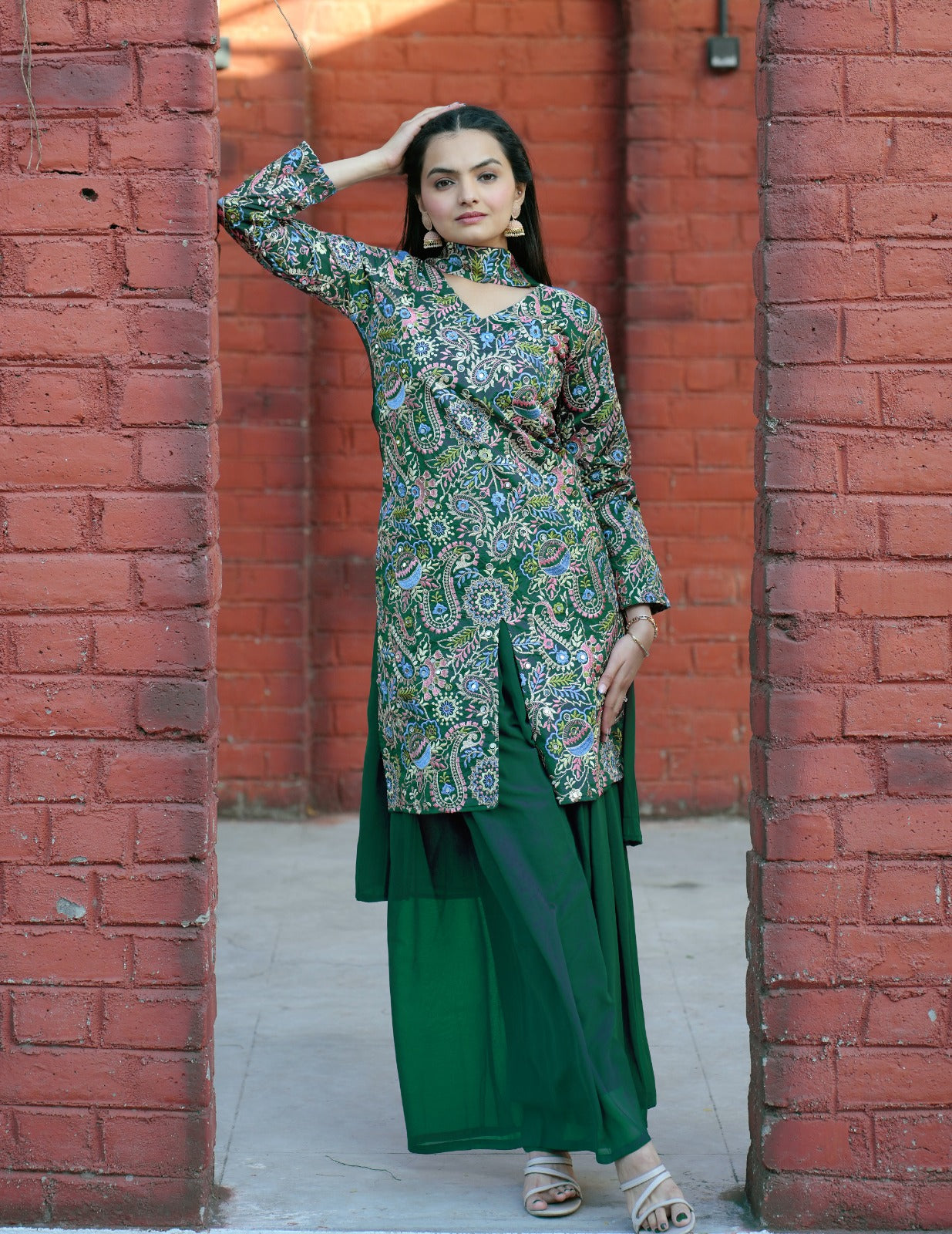 Green Designer Embroidered  Sharara